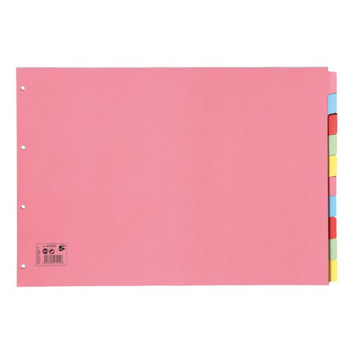 5 Star Subject Dividers 10-Part Recycled Card Multipunched 4 Hole 155gsm Landscape A3 Assorted