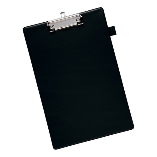 5 Star Office Standard Clipboards are made of PVC over board to provide a durable and flexible option. This black clipboard which can securely hold documents up to foolscap size, also features a pen holder on the right edge and a pull out metal hole at the top of the board to allow it to be hung on hooks.