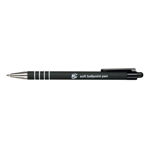 5 Star Office Retractable Ball Pen Soft Grip Medium 1mm Tip 0.5mm Line Black (Pack of 12)