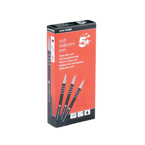 FS918508 | 5 Star Office Retractable Soft ball pens are designed for high quality writing, suitable for offices, schools and home writing. Smooth flowing long lasting ink means they can be used for archival material without fading. Manufactured with a silver nickel tip and tungsten carbide ball. Stylish soft rubber black barrel with white gripping rings, clip and retractable top are colour coded to match the ink.