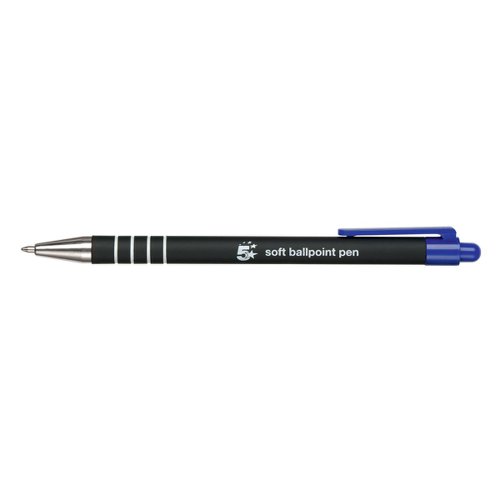 5 Star Office Retractable Ball Pen Soft Grip Medium 1mm Tip 0.5mm Line Blue (Pack of 12)