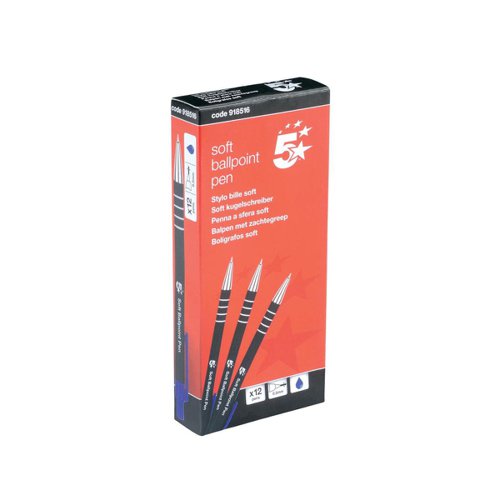 FS918516 | 5 Star Office Retractable Soft ball pens are designed for high quality writing, suitable for offices, schools and home writing. Smooth flowing long lasting ink means they can be used for archival material without fading. Manufactured with a silver nickel tip and tungsten carbide ball. Stylish soft rubber black barrel with white gripping rings, clip and retractable top are colour coded to match the ink.