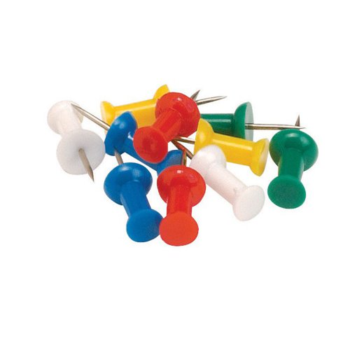 These 5 Star Office Push Pins are ideal for noticeboards whether in the office, reception or even in the home. Each pin has a ridged, solid plastic 7mm head and are easy to place and remove. This pack contains 100 opaque push pins in assorted colours. The pins are perfect for either securing documents on a board or marking documents such as maps.