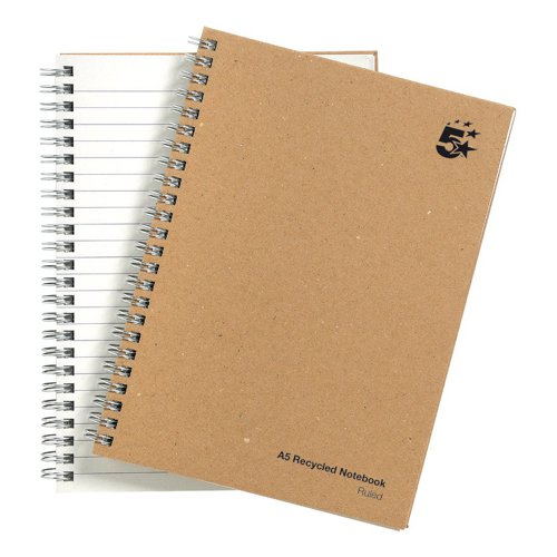 5 Star Eco Notebook Wirebound 80gsm Ruled Recycled 160pp A5 Buff (Pack of 5)