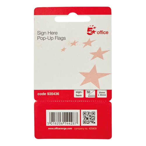 FS935436 | 5 Star Office Sign Here Index Flags are positionable film tabs that are ideal for highlighting on your documents where signatures are required. This pack contains 50 flags with the words Sign Here printed on them in their own dispenser from which the flags can easily be removed one at a time. The flags have a water based adhesive that will stick to virtually any surface but does not leave any residue, but enable you reposition the flags.