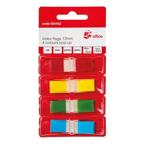 FS935452 | 5 Star Office Index Flags are positionable film tabs that are ideal for highlighting and indexing important information on your documents. This pack contains four different brightly coloured flags (yellow, green, red and blue) in their own dispensers from which the flags can easily be removed one at a time. The flags have a water based adhesive that will stick to virtually any surface but does not leave any residue, but enable you reposition the flags.