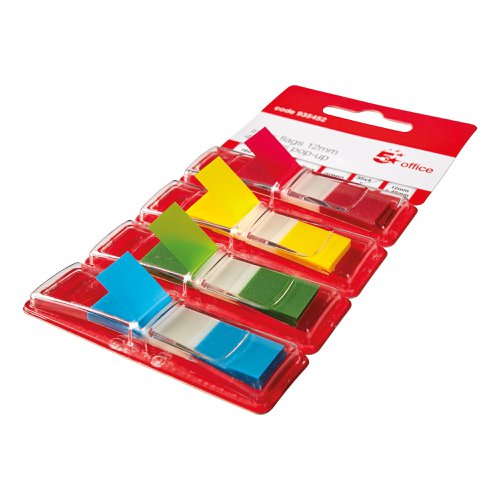 FS935452 | 5 Star Office Index Flags are positionable film tabs that are ideal for highlighting and indexing important information on your documents. This pack contains four different brightly coloured flags (yellow, green, red and blue) in their own dispensers from which the flags can easily be removed one at a time. The flags have a water based adhesive that will stick to virtually any surface but does not leave any residue, but enable you reposition the flags.