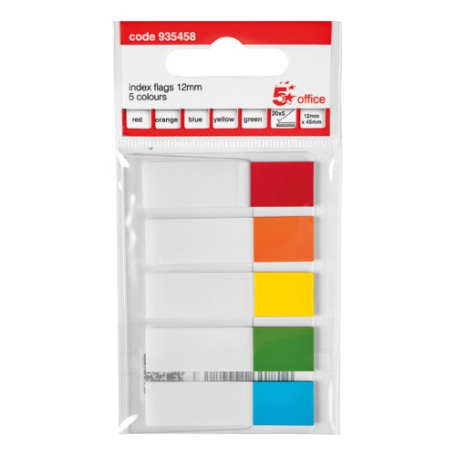 FS935458 | 5 Star Office Index Flags are positionable film tabs that are ideal for highlighting and indexing important information on your documents. This pack contains five different brightly coloured flags (yellow, green, red, orange and blue) on a card backing from which the flags can easily be removed one at a time. The flags have a water based adhesive that will stick to virtually any surface but does not leave any residue, but enable you reposition the flags.