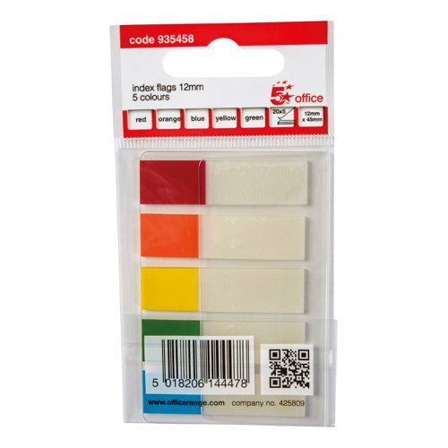 FS935458 | 5 Star Office Index Flags are positionable film tabs that are ideal for highlighting and indexing important information on your documents. This pack contains five different brightly coloured flags (yellow, green, red, orange and blue) on a card backing from which the flags can easily be removed one at a time. The flags have a water based adhesive that will stick to virtually any surface but does not leave any residue, but enable you reposition the flags.