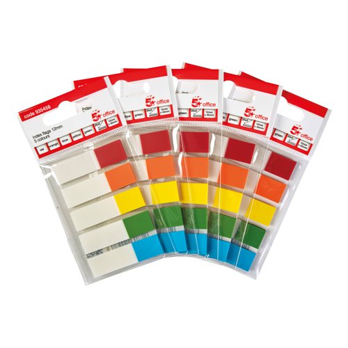 FS935458 | 5 Star Office Index Flags are positionable film tabs that are ideal for highlighting and indexing important information on your documents. This pack contains five different brightly coloured flags (yellow, green, red, orange and blue) on a card backing from which the flags can easily be removed one at a time. The flags have a water based adhesive that will stick to virtually any surface but does not leave any residue, but enable you reposition the flags.