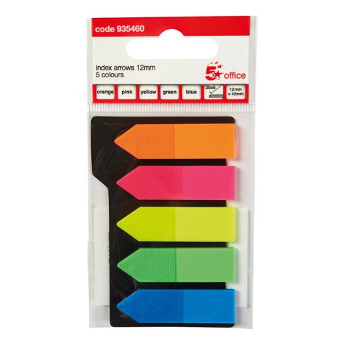 FS935460 | 5 Star Office Index Arrows are positionable film tabs that are ideal for highlighting and indexing important information on your documents. This pack contains five different brightly coloured arrows (yellow, green, red, orange and blue) on a card backing from which the flags can easily be removed one at a time. The arrows have a water based adhesive that will stick to virtually any surface but does not leave any residue, but enable you reposition the arrows. The arrows are 12x42mm.