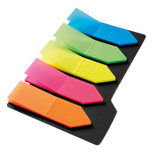 FS935460 | 5 Star Office Index Arrows are positionable film tabs that are ideal for highlighting and indexing important information on your documents. This pack contains five different brightly coloured arrows (yellow, green, red, orange and blue) on a card backing from which the flags can easily be removed one at a time. The arrows have a water based adhesive that will stick to virtually any surface but does not leave any residue, but enable you reposition the arrows. The arrows are 12x42mm.