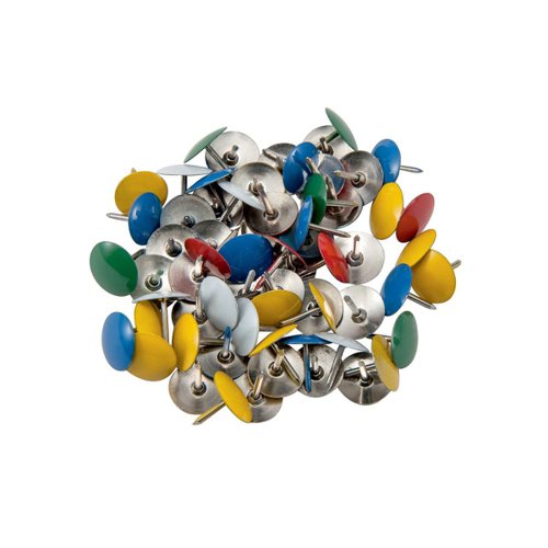 These 5 Star Office Drawing Pins are ideal for noticeboards whether in the office, reception or even in the home. Each pin has a ridged, solid metal 11mm head and are easy to place and remove. This pack contains 100 drawing pins with assorted colour heads. The pins are perfect securing documents on a board.