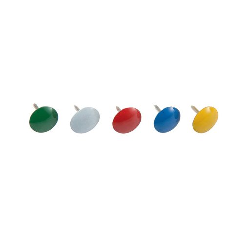 These 5 Star Office Drawing Pins are ideal for noticeboards whether in the office, reception or even in the home. Each pin has a ridged, solid metal 11mm head and are easy to place and remove. This pack contains 100 drawing pins with assorted colour heads. The pins are perfect securing documents on a board.