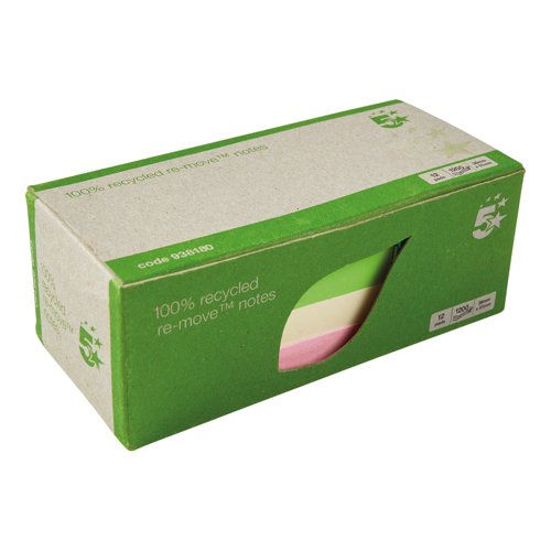 5 Star Eco Recycled Notes 38x51mm Re-Move Pastel (Pack of 12)