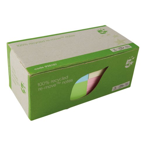 5 Star Eco Repositionable Notes 76x76mm Re-Move Pastel (Pack of 12)