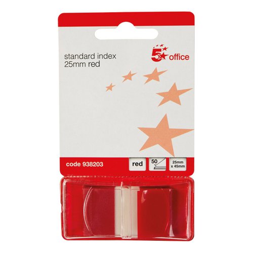 FS938203 | 5 Star Office Index Flags are positionable film tabs that are ideal for highlighting and indexing important information on your documents. Coming in a handy dispenser, you can easily remove one at a time. The flags have a water based adhesive that will stick to virtually any surface but does not leave any residue, but enable you reposition the flags.