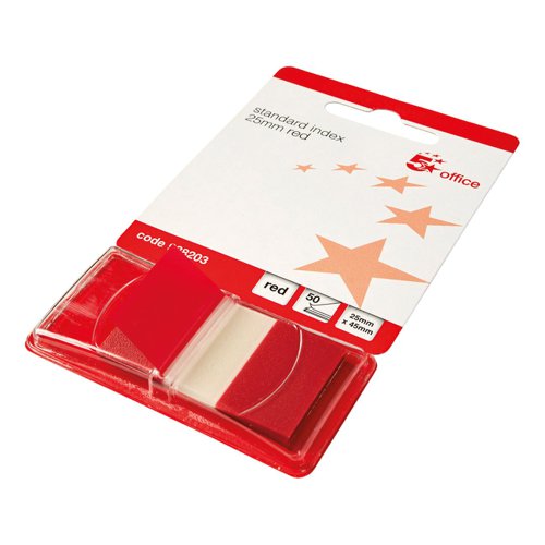 FS938203 | 5 Star Office Index Flags are positionable film tabs that are ideal for highlighting and indexing important information on your documents. Coming in a handy dispenser, you can easily remove one at a time. The flags have a water based adhesive that will stick to virtually any surface but does not leave any residue, but enable you reposition the flags.