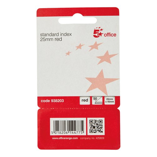 5 Star Office Standard Index Flags 50 Sheets per Pad 25x45mm Red (Pack of 5)