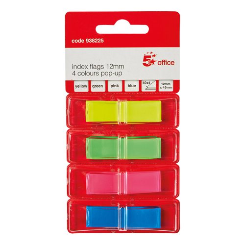 FS938225 | 5 Star Office Index Flags are positionable film tabs that are ideal for highlighting and indexing important information on your documents. This pack contains four different solid colour flags (yellow, green, red and blue) in their own dispensers from which the flags can easily be removed one at a time. The flags have a water based adhesive that will stick to virtually any surface but does not leave any residue, but enable you reposition the flags.