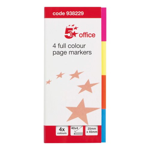 FS938229 | 5 Star Office Re-Move Index Page Markers are positionable film tabs that are ideal for highlighting and indexing important information on your documents. This pack contains four different brightly coloured neon markers pink, yellow, orange and blue) on a card backing with card cover, from which the flags can easily be removed one at a time. The flags have a water based adhesive that will stick to virtually any surface but does not leave any residue, but enable you reposition the flags.