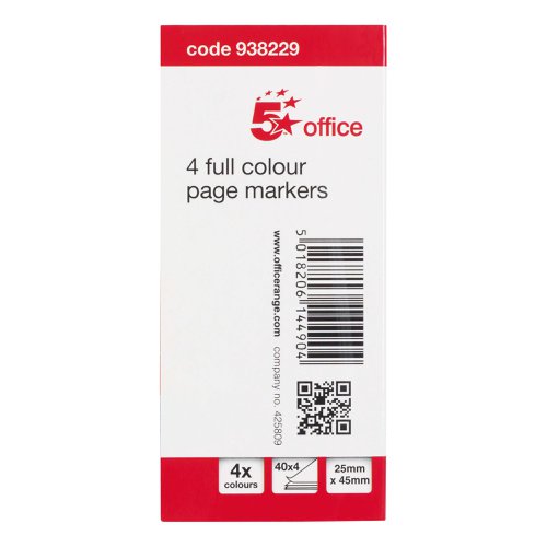 FS938229 | 5 Star Office Re-Move Index Page Markers are positionable film tabs that are ideal for highlighting and indexing important information on your documents. This pack contains four different brightly coloured neon markers pink, yellow, orange and blue) on a card backing with card cover, from which the flags can easily be removed one at a time. The flags have a water based adhesive that will stick to virtually any surface but does not leave any residue, but enable you reposition the flags.