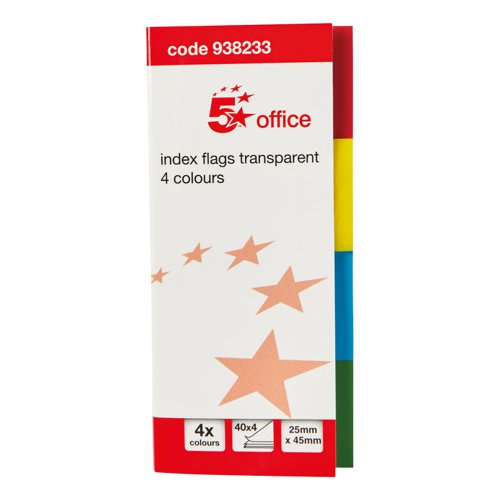 FS938233 | 5 Star Office Re-Move Index Page Markers are positionable film tabs that are ideal for highlighting and indexing important information on your documents. This pack contains four different coloured markers (red, yellow, blue and green) on a card backing with card cover, from which the flags can easily be removed one at a time. The flags have a water based adhesive that will stick to virtually any surface but does not leave any residue, but enable you reposition the flags.