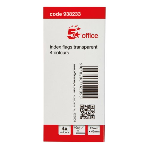 FS938233 | 5 Star Office Re-Move Index Page Markers are positionable film tabs that are ideal for highlighting and indexing important information on your documents. This pack contains four different coloured markers (red, yellow, blue and green) on a card backing with card cover, from which the flags can easily be removed one at a time. The flags have a water based adhesive that will stick to virtually any surface but does not leave any residue, but enable you reposition the flags.