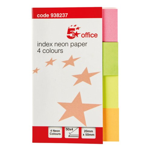 FS938237 | 5 Star Office Index Markers are positionable paper tabs that are ideal for highlighting and indexing important information on your documents. This pack contains four different brightly coloured markers pink, yellow, green and orange) on a wraparound card from which the markers can easily be removed one at a time. The markers will stick to virtually any surface but do not leave any residue.