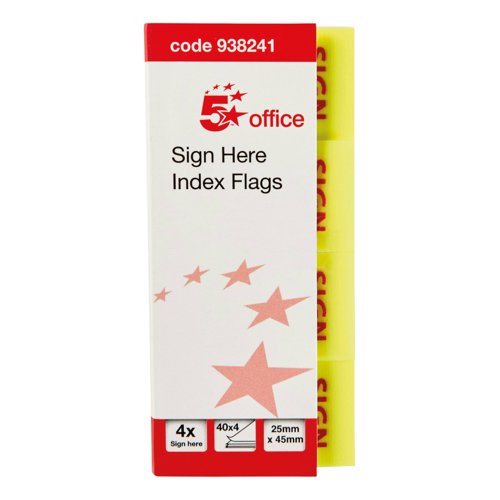 FS938241 | 5 Star Office Sign Here Index Flags are positionable film tabs that are ideal for highlighting on your documents where signatures are required. This pack contains 4 sets of flags with the words Sign Here printed on them in a wraparound cardboard cover from which the flags can easily be removed one at a time. The flags have a water based adhesive that will stick to virtually any surface but does not leave any residue, but enable you reposition the flags.