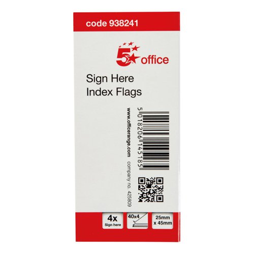 FS938241 | 5 Star Office Sign Here Index Flags are positionable film tabs that are ideal for highlighting on your documents where signatures are required. This pack contains 4 sets of flags with the words Sign Here printed on them in a wraparound cardboard cover from which the flags can easily be removed one at a time. The flags have a water based adhesive that will stick to virtually any surface but does not leave any residue, but enable you reposition the flags.