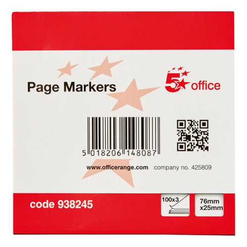 FS938245 | 5 Star Office Index Markers are positionable paper tabs that are ideal for highlighting and indexing important information on your documents. This pack contains three different brightly coloured markers pink, yellow and green) on a wraparound card from which the markers can easily be removed one at a time. The markers will stick to virtually any surface but do not leave any residue.