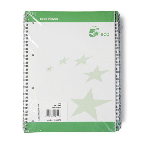 5 Star Eco Spiral Pad Ruled Recycled Margin Perforated 4 Holes 100pp A4+ Green/White (Pack of 10)