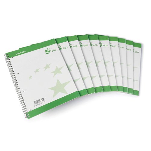 5 Star Eco Spiral Pad Ruled Recycled Margin Perforated 4 Holes 100pp A4+ Green/White (Pack of 10)