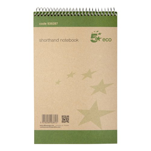 5 Star Eco Shorthand Pad Wirebound 70gsm Ruled 160pp 127x200mm Green/Buff (Pack of 10)