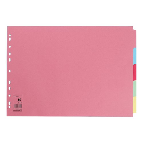 5 Star Office Subject Dividers 5-Part Recycled Card Multipunched 4 Hole 155gsm Landscape A3 Assorted