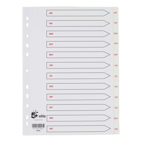 5 Star Elite Index Jan-Dec Polypropylene Multipunched A4 White with Red Text Tabs