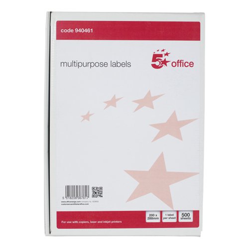 5 Star Office Multipurpose Labels Laser Copier Inkjet 200x288mm White (Pack of 500) | VOW