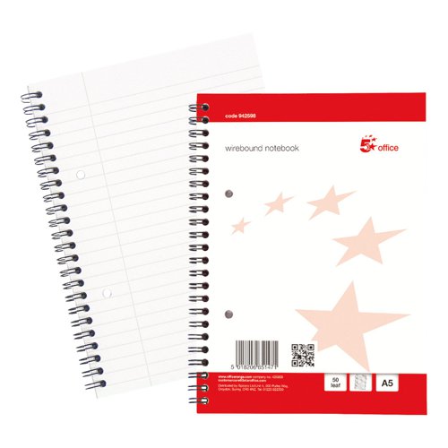 5 Star Office Notebook Wirebound Ruled Margin Perforated 2 Holes 100pp A5+ Red/White (Pack of 10)