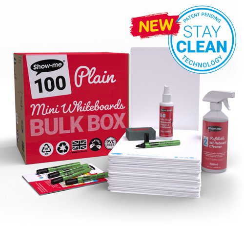 Show-me StayClean A4 Whiteboards Plain/Plain (100 boards, pens and erasers + Free cleaners) B/SMB