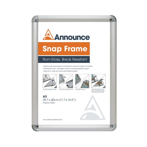 Announce by 5 Star A3 Snap Frame 25mm Chrome Effect Crnr AA10250