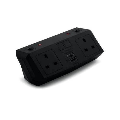 On Desk Power Module 2xUK Socket Dual USB Port Type A+C PD/QC Charger Black 20000016