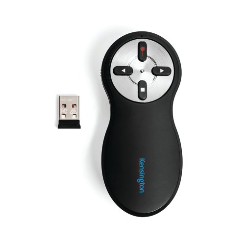 The Kensington Wireless Presenter with Red Laser features a control wheel to change slides while a bright laser dot illuminates key points. The intuitive design allows the user to concentrate on presenting, and with a range of 20 metres, it is ideal for larger presentations. The receiver fits neatly inside the handset and disables the battery when not in use, saving energy and preventing power failures.