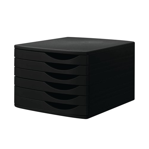 Stylish design plastic desktop drawer set with 6 drawers in black. With 2 non-skid rubber feet, handle on front right side of drawer, drawer stop and opening for feeding paper upwards. Colour: Black.