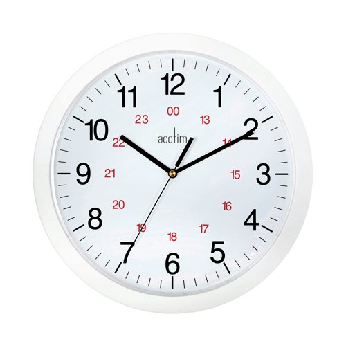 Ideal for workplaces that operate outside of the normal 9-5 routine, the Acctim Metro 24 Hour Plastic Wall Clock (21162) features an inner 24 hour ring. The thick hands, easily readable from across a room, are powered by a precision quartz movement. The inner red 24 hour track lets you work out 24-hour time at a glance. The 300mm white dial is surrounded by a matching white plastic trim. A plastic lens protects the clock face from damage or tampering.