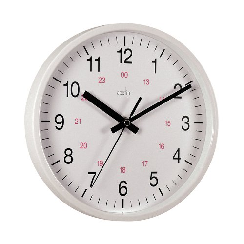 Ideal for workplaces that operate outside of the normal 9-5 routine, the Acctim Metro 24 Hour Plastic Wall Clock (21202) features an inner 24 hour ring. The thick hands, easily readable from across a room, are powered by a precision quartz movement. The inner red 24 hour track lets you work out 24-hour time at a glance. The 355mm white dial is surrounded by a matching white plastic trim. A glass lens protects the clock face from damage or tampering.