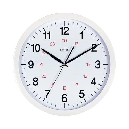 Ideal for workplaces that operate outside of the normal 9-5 routine, the Acctim Metro 24 Hour Plastic Wall Clock (21202) features an inner 24 hour ring. The thick hands, easily readable from across a room, are powered by a precision quartz movement. The inner red 24 hour track lets you work out 24-hour time at a glance. The 355mm white dial is surrounded by a matching white plastic trim. A glass lens protects the clock face from damage or tampering.