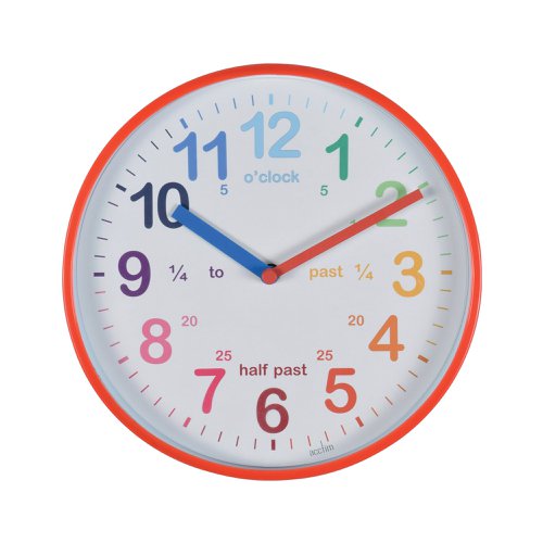 Make time teaching fun with these vibrant wall clocks. Features multi-coloured numbers and hands with quartz movement.