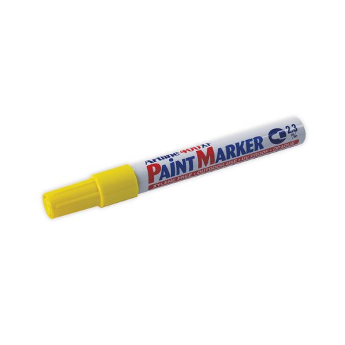 This Artline 440 paint marker is ideal for for both indoor and outdoor use, where permanent, indelible marking is requred. The vibrant ink is quick drying, water and fade resistant for long lasting use. The medium bullet tip writes a 2.3mm line width. Ideal for creating eye-catching displays on dark surfaces, this pack contains 12 markers with yellow ink.