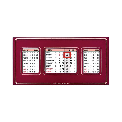 AT3S25 | Ideal for desktop use, this attractive, refillable calendar features a freestanding base and handy 3 month view. The current month is featured in the middle, with previous and forward months referenced either side. There is also an At-A-Glance date indicator on the current month. Changing the month and date indicators is easy for quick referencing. This calendar measures 130 x 250mm.